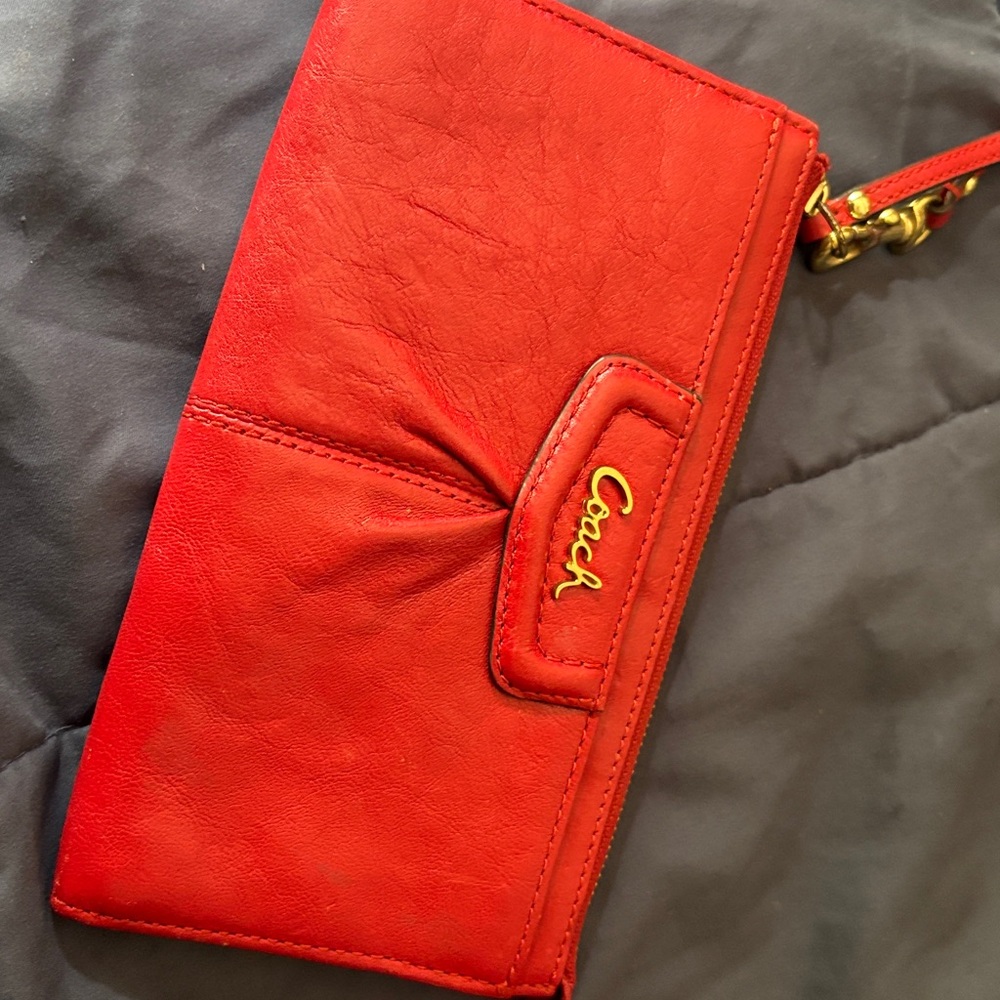 Coach Vibrant Red Leather Clutch wristlet gold hardware, card slots, zippy coin